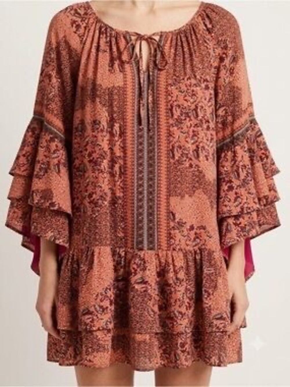 Boho Fall Altar'd State Bronze Rust Printed Tunic Dress Bell Sleeve Coachella L